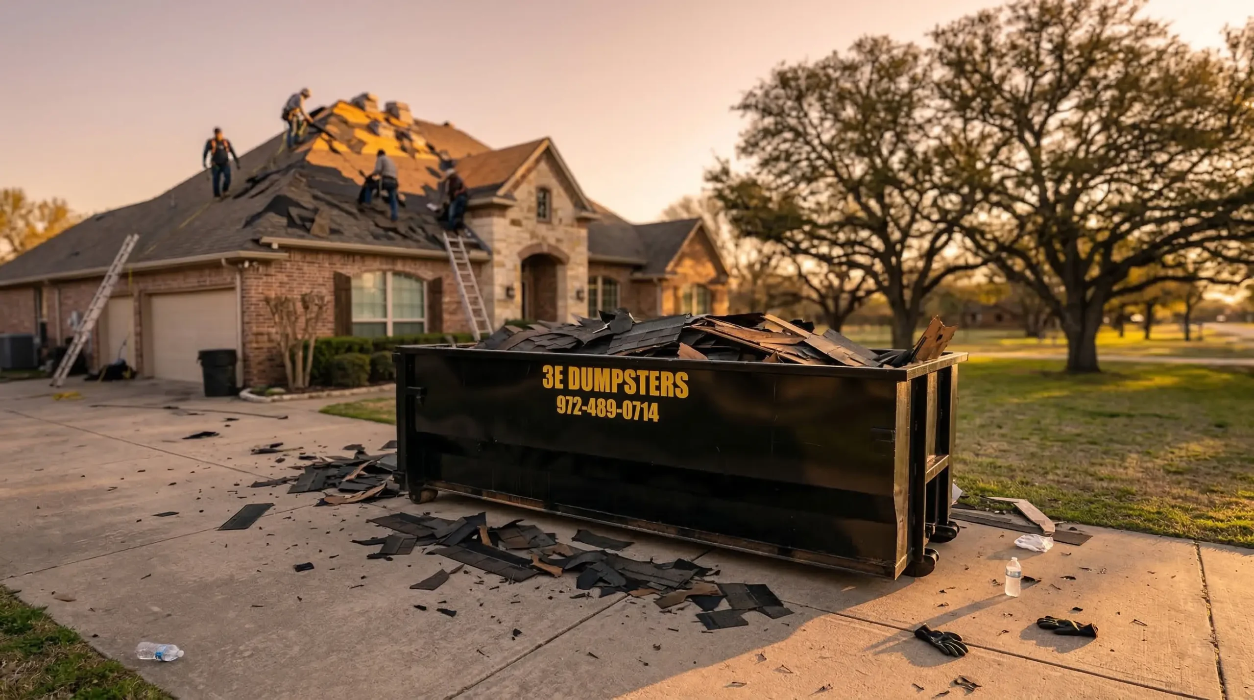 3E Dumpsters roll-off container at roofing job site in Wise County Texas