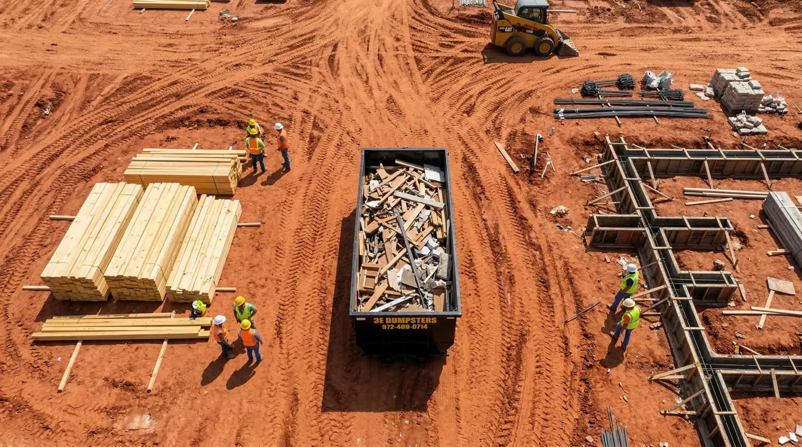 Aerial view of 3E Dumpsters containers at construction site in Tarrant County TX